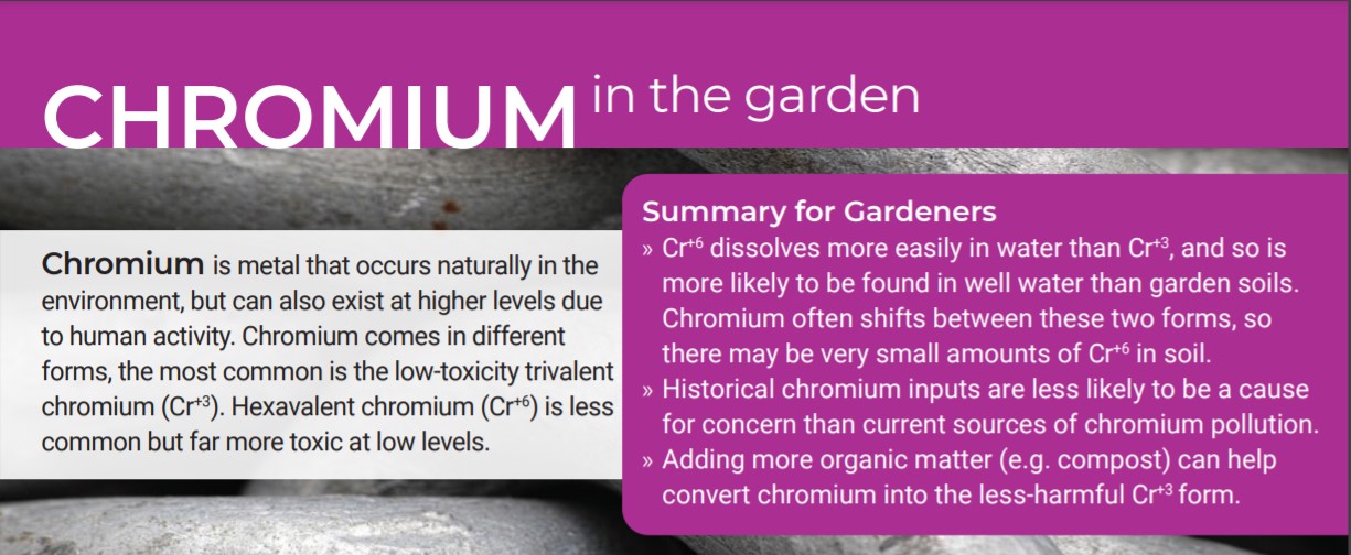 Chromium is metal that occurs naturally in the environment, but can also exist at higher levels due to human activity. Chromium comes in different forms, the most common is the low-toxicity trivalent chromium (Cr+3). Hexavalent chromium (Cr+6) is less common but far more toxic at low levels. Summary for Gardeners » Cr+6 dissolves more easily in water than Cr+3, and so is more likely to be found in well water than garden soils. Chromium often shifts between these two forms, so there may be very small amounts of Cr+6 in soil. » Historical chromium inputs are less likely to be a cause for concern than current sources of chromium pollution. » Adding more organic matter (e.g. compost) can help convert chromium into the less-harmful Cr+3 form