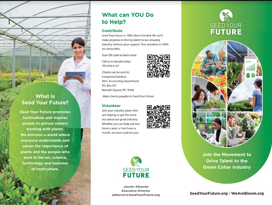 Brochure for Seed your future, it contains information on volunteering and contributions.